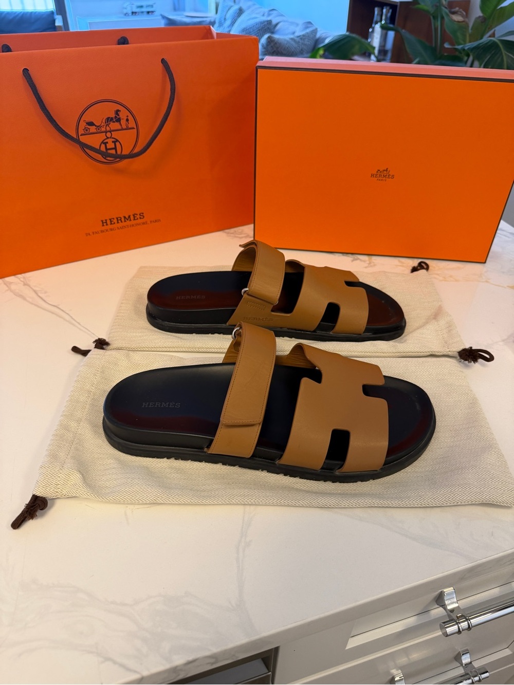 Hermes Men's Tan Leather 'Chypre' Slide Sandals